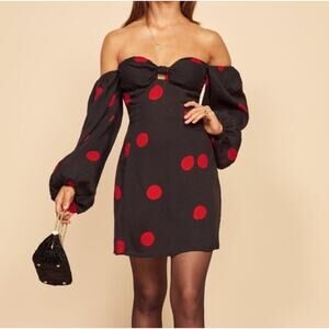 NWT Reformation 12 Roshay Polka Dot Off the Shoulder Dress Long Sleeve Black Red